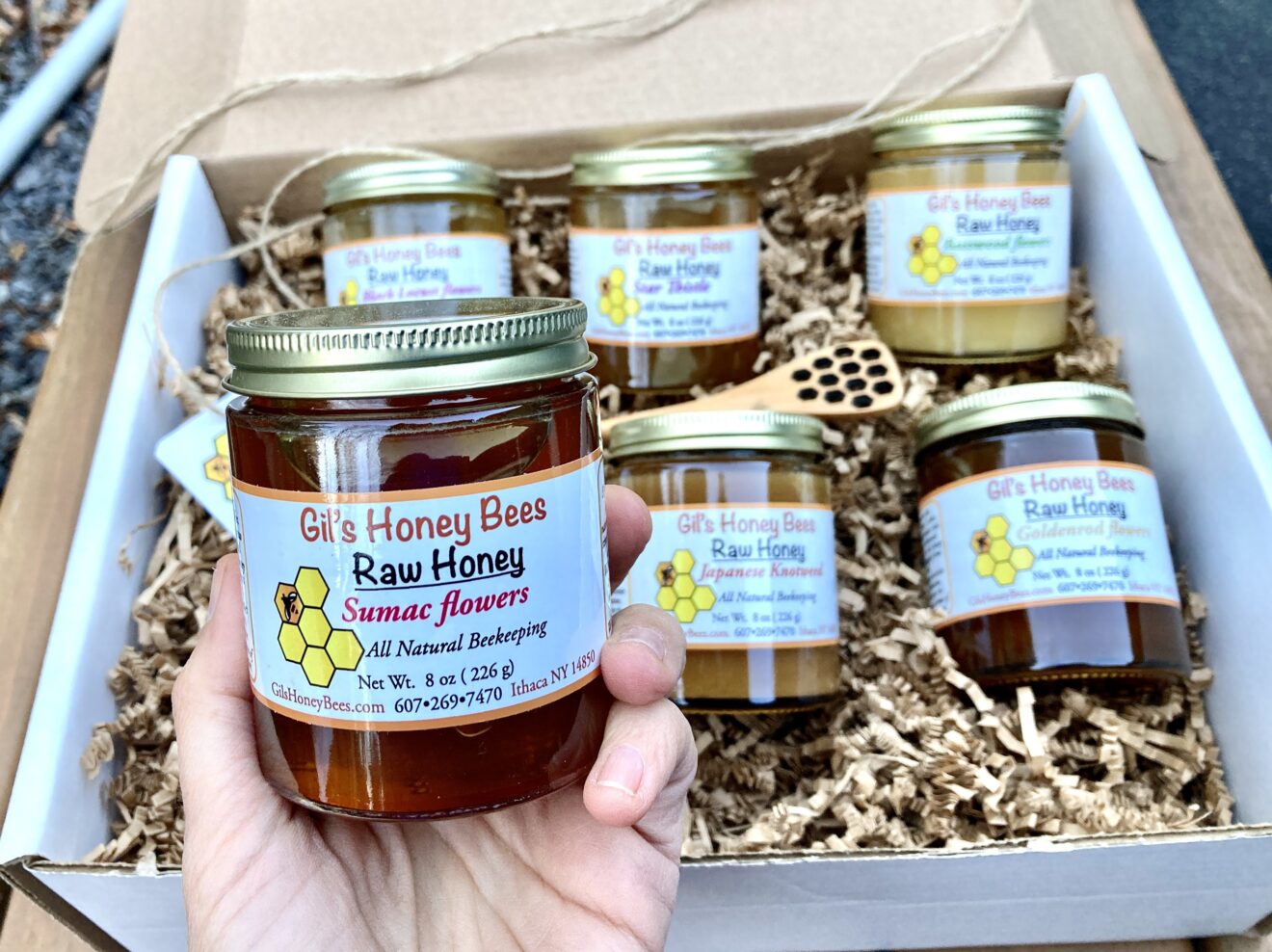 Raw honey sampler gift box. Six jars of varietal honey + honey dipper